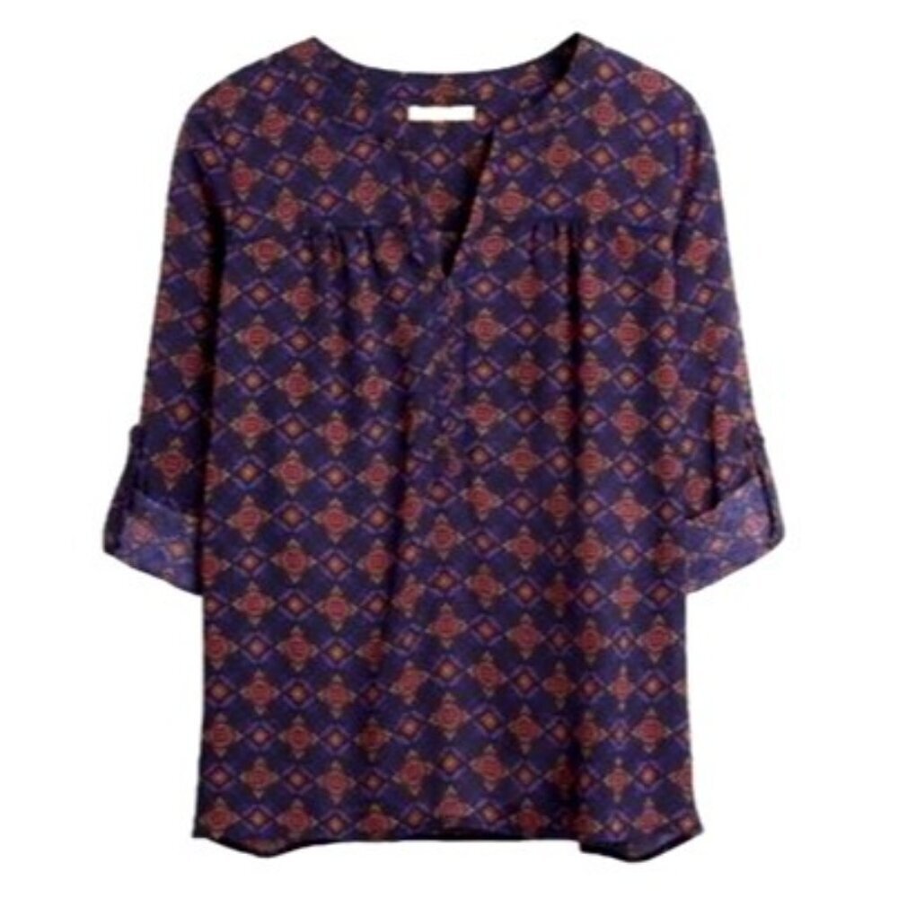 Skies Are Blue Shirt Women Medium Blue York Tile Print Roll Tab Sleeve‎ Blouse